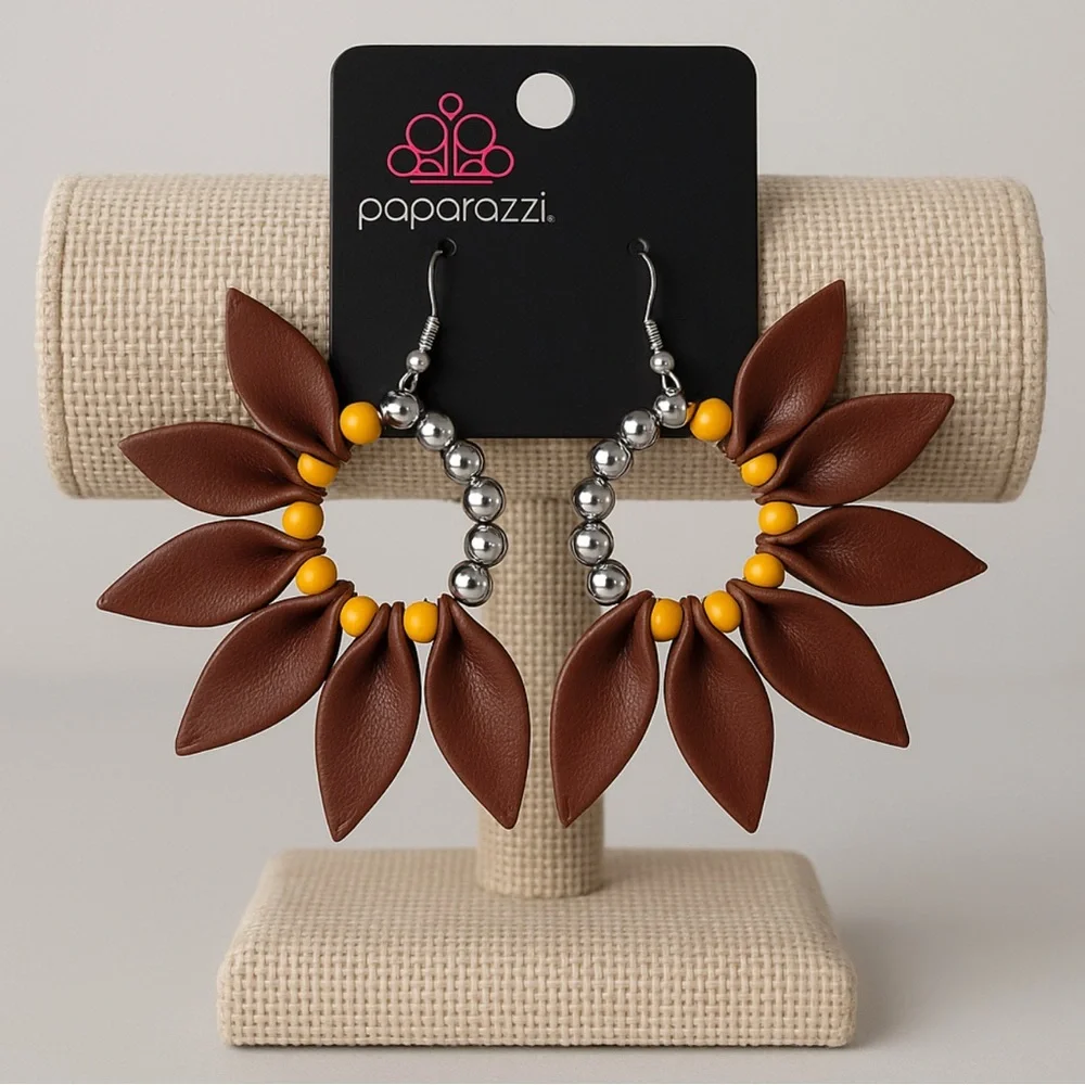 Boho Statement Earrings Brown Leather Petals & Yellow Beads Paparazzi Jewelry - Picture 2 of 4